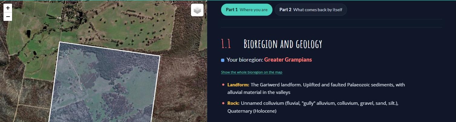 Section 1.1 of the lookup tool for the example block: Greater Grampians bioregion, on colluvium, with the block shaded in its bioregion colour on the map.