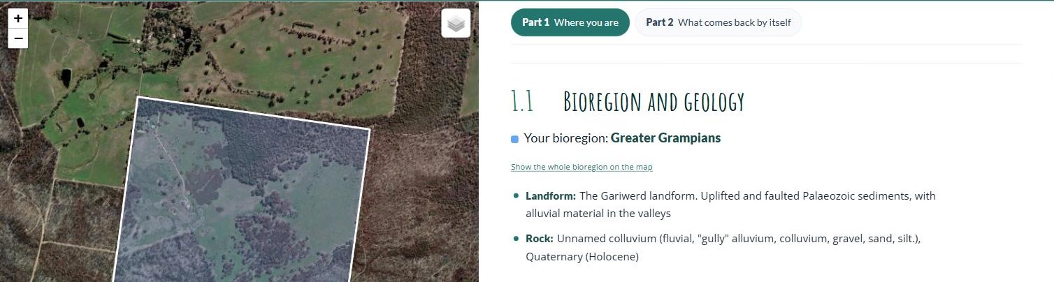 Section 1.1 of the lookup tool for the example block: Greater Grampians bioregion, on colluvium, with the block shaded in its bioregion colour on the map.