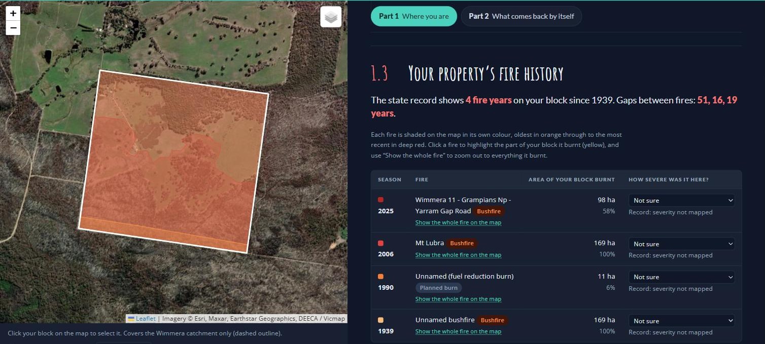 Section 1.3 of the lookup tool for the example block: four fires on the record, 2025, 2006, 1990 and 1939, with the area of the block each burnt, and the block shaded by fire on the map.