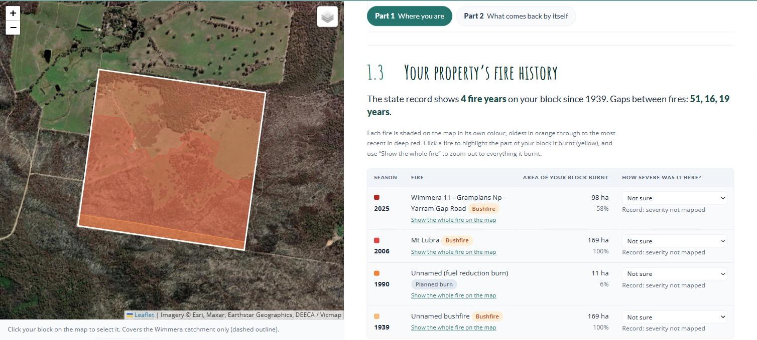 Section 1.3 of the lookup tool for the example block: four fires on the record, 2025, 2006, 1990 and 1939, with the area of the block each burnt, and the block shaded by fire on the map.