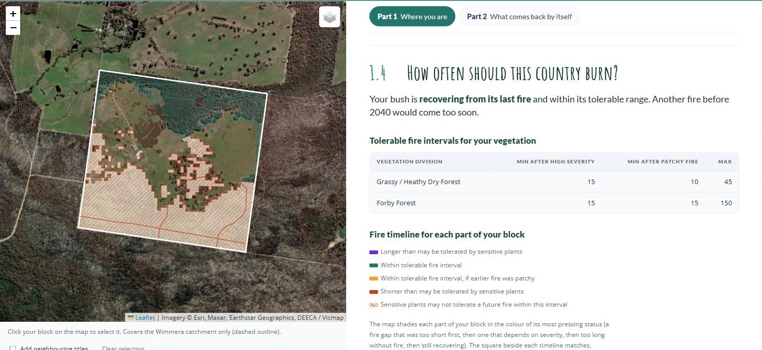 The top of section 1.4 for the example block: the verdict, the tolerable fire intervals for its two vegetation divisions, and the colour key, with the block shaded by status on the map.