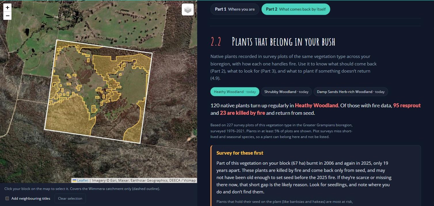The Part 2 tab of the lookup tool for the example block, on Heathy Woodland, with Heathy Woodland shown in yellow on the map.